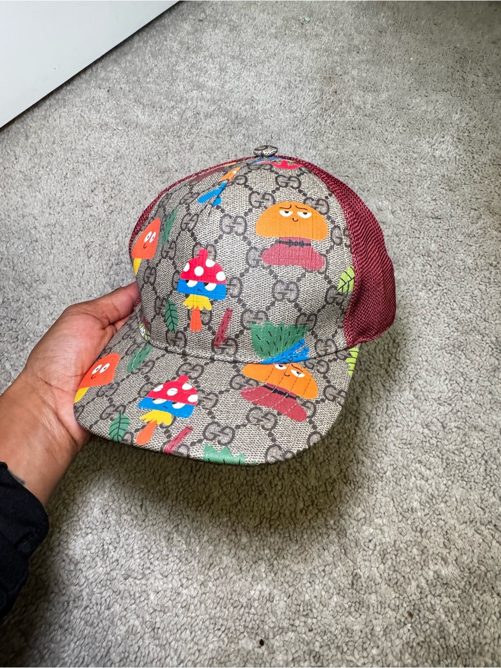 Gucci Beige GG Supreme Kids Cap with Colorful Mushroom & Fruit Print